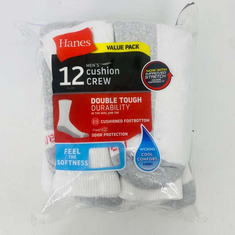 Hanes Men's Double Tough Cushion Crew Socks Black 12 Pair Size 6-12 NWT White